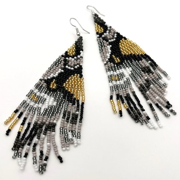 4 5/8" L Elegant Handcrafted Beaded Abstract Animal Print Tassel Dangle Earrings - Picture 1 of 3